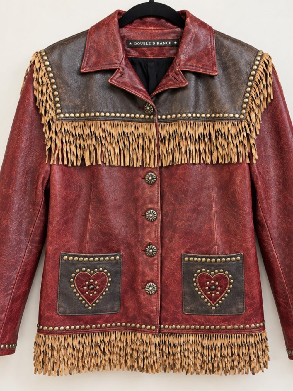 Vintage Double D Ranch Leather Heart Star Fringe Western Jacket XS